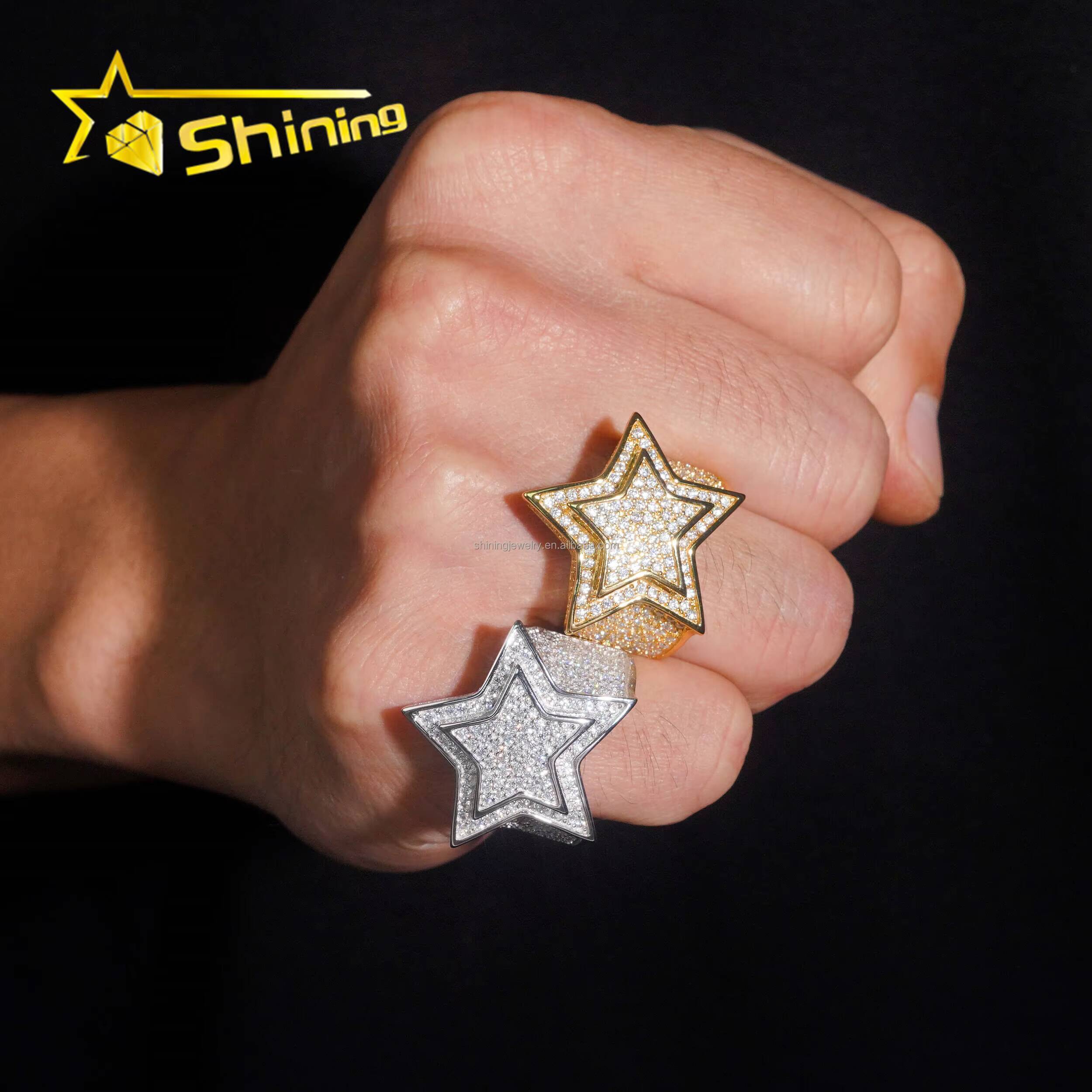 High Quality Bulk Stock Iced Out Hip Hop GRA Certificate VVS Moissanite Diamond Man Gift Iced Out S925 Silver Star Shape Ring