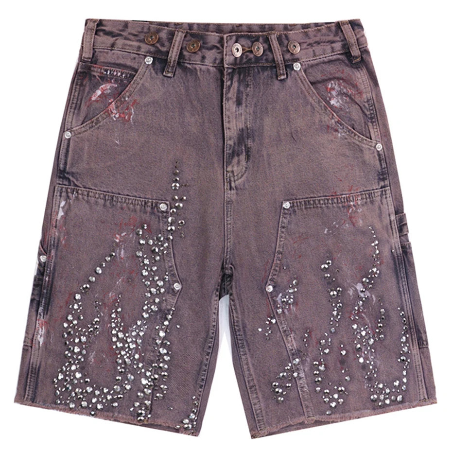 Fire Diamond Denim Shorts Vintage Rhinestone Graphic Short Jeans Men Streetwear Harajuku Hip Hop Shorts 251223