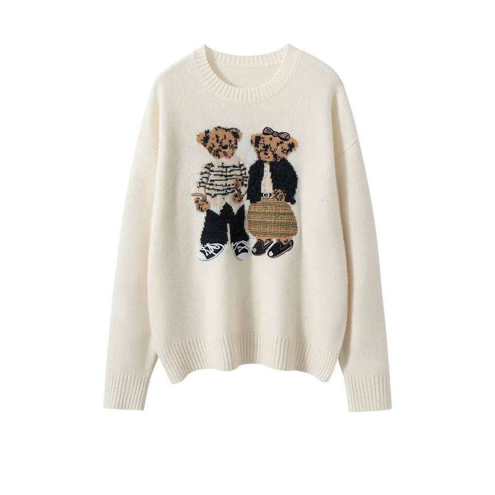 Women 100% Cashmere Sweater Embroidery Bears Pattern Cute O Neck Pullover Autumn Winter Cozy Fashion Warm Korean Tops