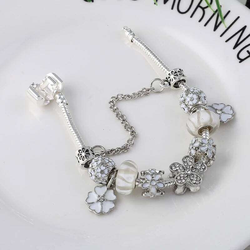 BAOPON Hot Sale White Crystal Flower Dangles Charm Plant Beads Brand Bracelet For Women Men Couple Anniversary Jewelry 25H1229