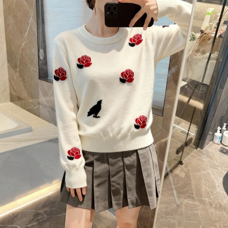 Autumn Winter Wool round Neck Sweater Unisex Fine Wool Knitwear Warm Rose Patterned Casual Korean Style Long Sleeve Top R251229