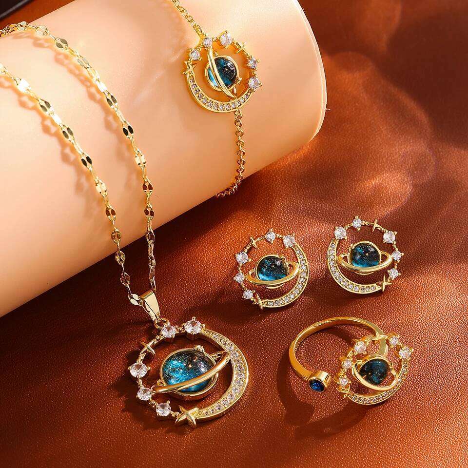 ZAKOL 5pcs Blue Space Planet Moon Zircon Jewelry Set Sliver Gold Color Stainless Steel Bracelet Necklace Ring Earrings Gift