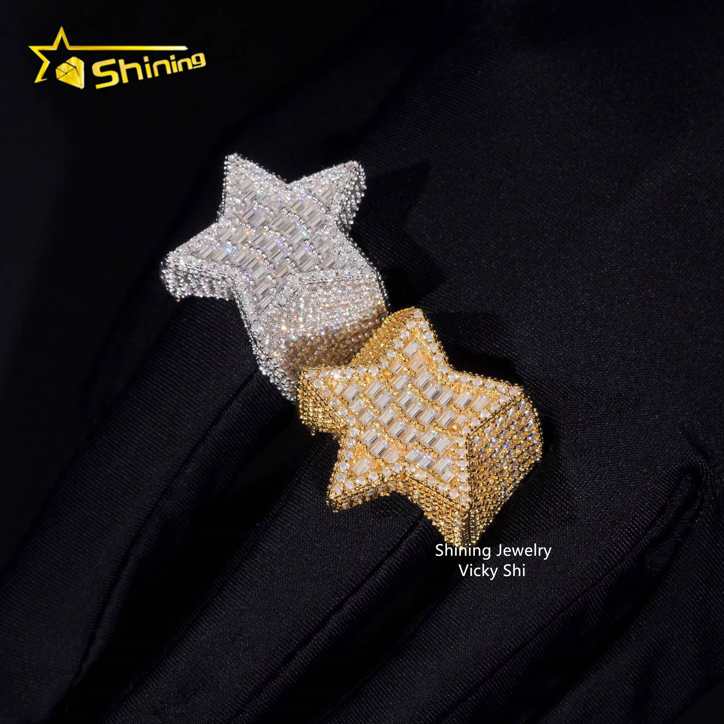 New Arrival Moissanite Hip Hop Men Ring Sterling Silver 925 Gold Plated Iced Out Baguette Moissanite Star Ring