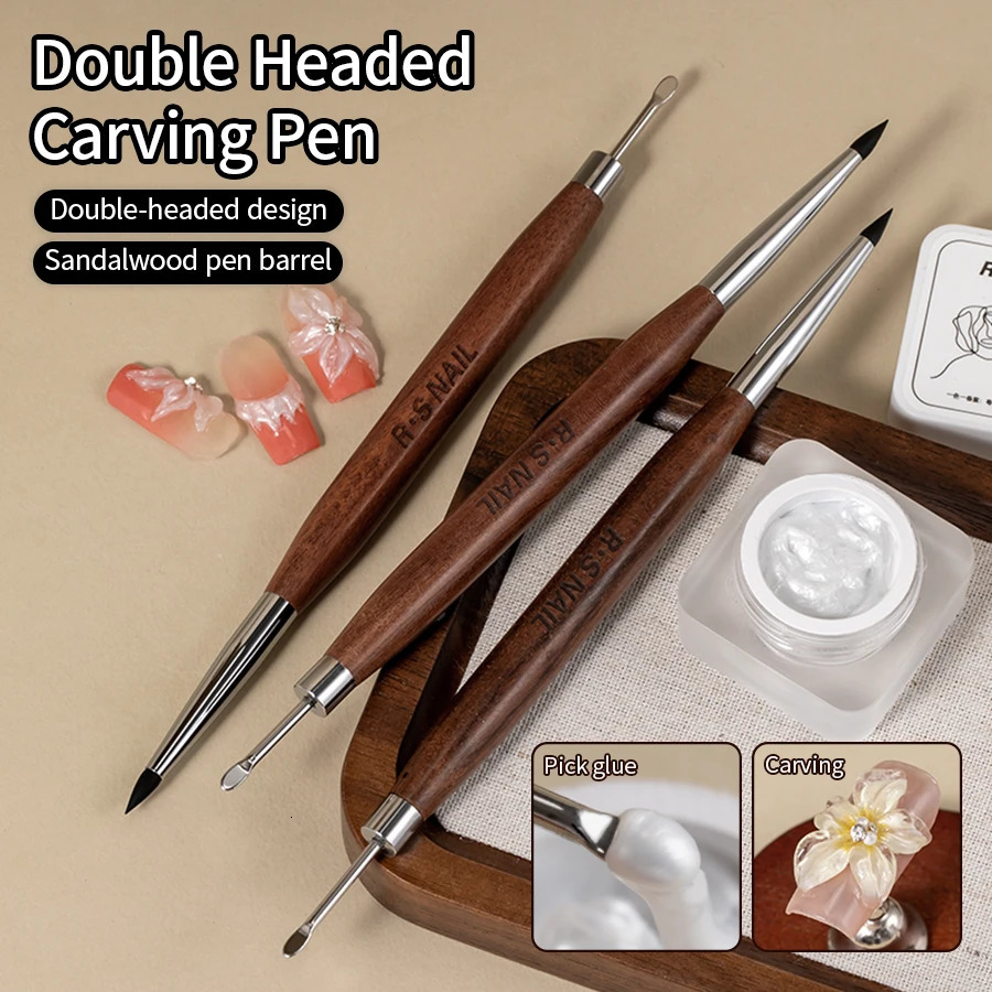 RSNAIL 12PCS Wooden Double Head Nail Art Brush Silicone Carving Pen Supplies Flower Painting for Tool 251215