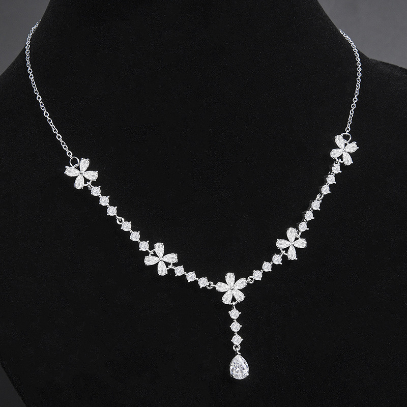 TaiYang 2025 New Floral Teardrop Zirconia Jewelry Set, Silver Plated Copper Bridal Earrings & Necklace, Wedding Engagement Jewelry Gift