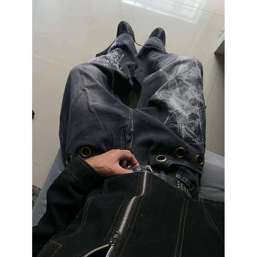 American New Fashion Oversized Pattern Printed Washed Jeans Men Y2K Gothic Rock Popular Casual Joker High Waist Wide Leg Pants