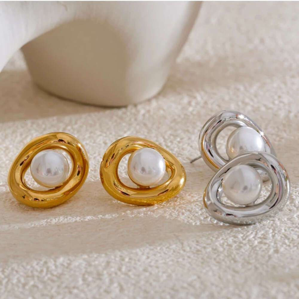 Yhpup Fashion Stainless Steel Simulated Pearls Hollow Oval Geometric Stud Earrings Prevent Allergy Metal Arrival Jewelry Daily Liuyuemoshang