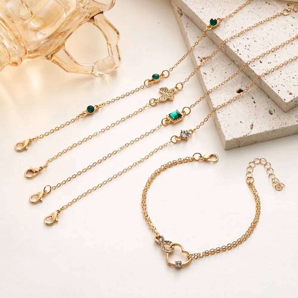 5Pcs/Set Halloween Heart Green Crystal Stone for Women Gold Color Lovely Butterfly Rhinestone Girls Bracelet Set 25H1229