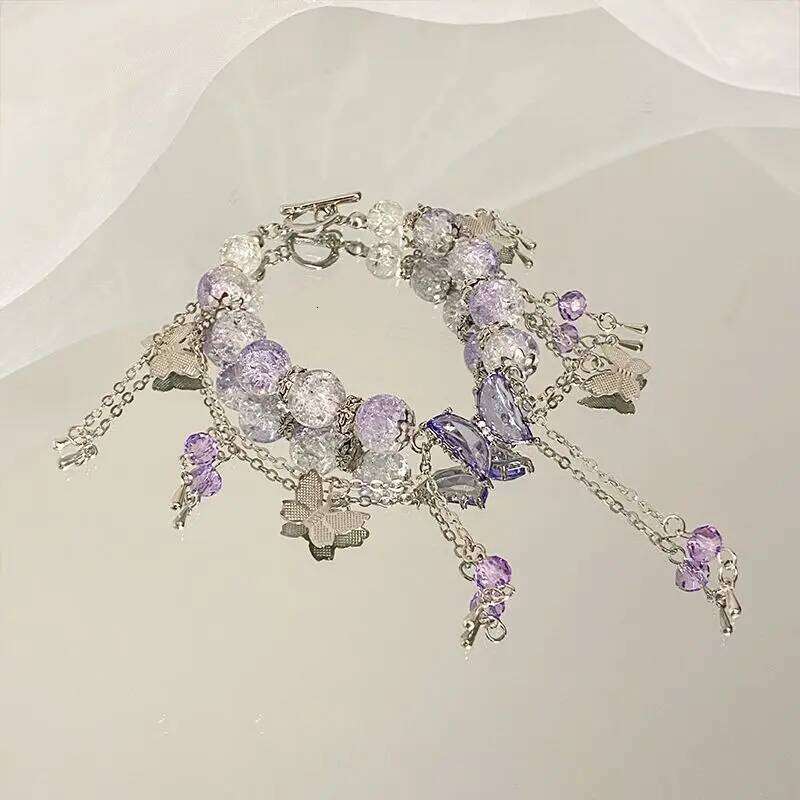 New Niche Design Purple Crystal Butterfly Pendant Beaded for Women Sweet Charm Bracelet Jewelry Accessories Party Gift 25H1229
