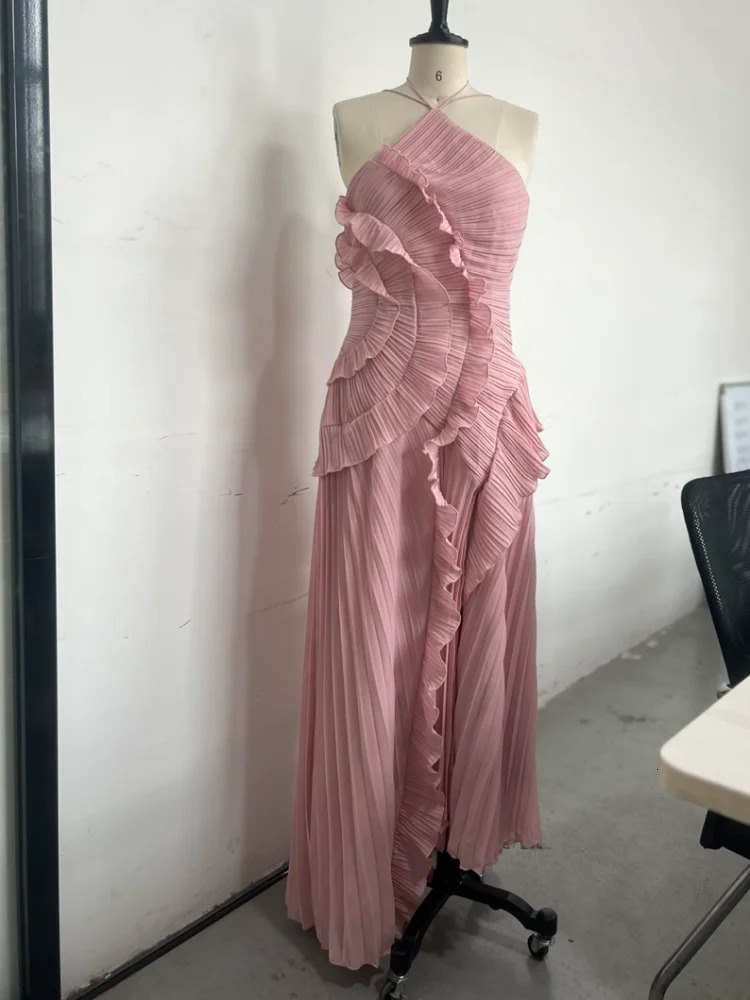 Chic Irregular Chiffon Halter Neck Maxi Dress Lotus Edge High Quality Vacation Gown 2025 Lady Party Fashion Dresses 251219