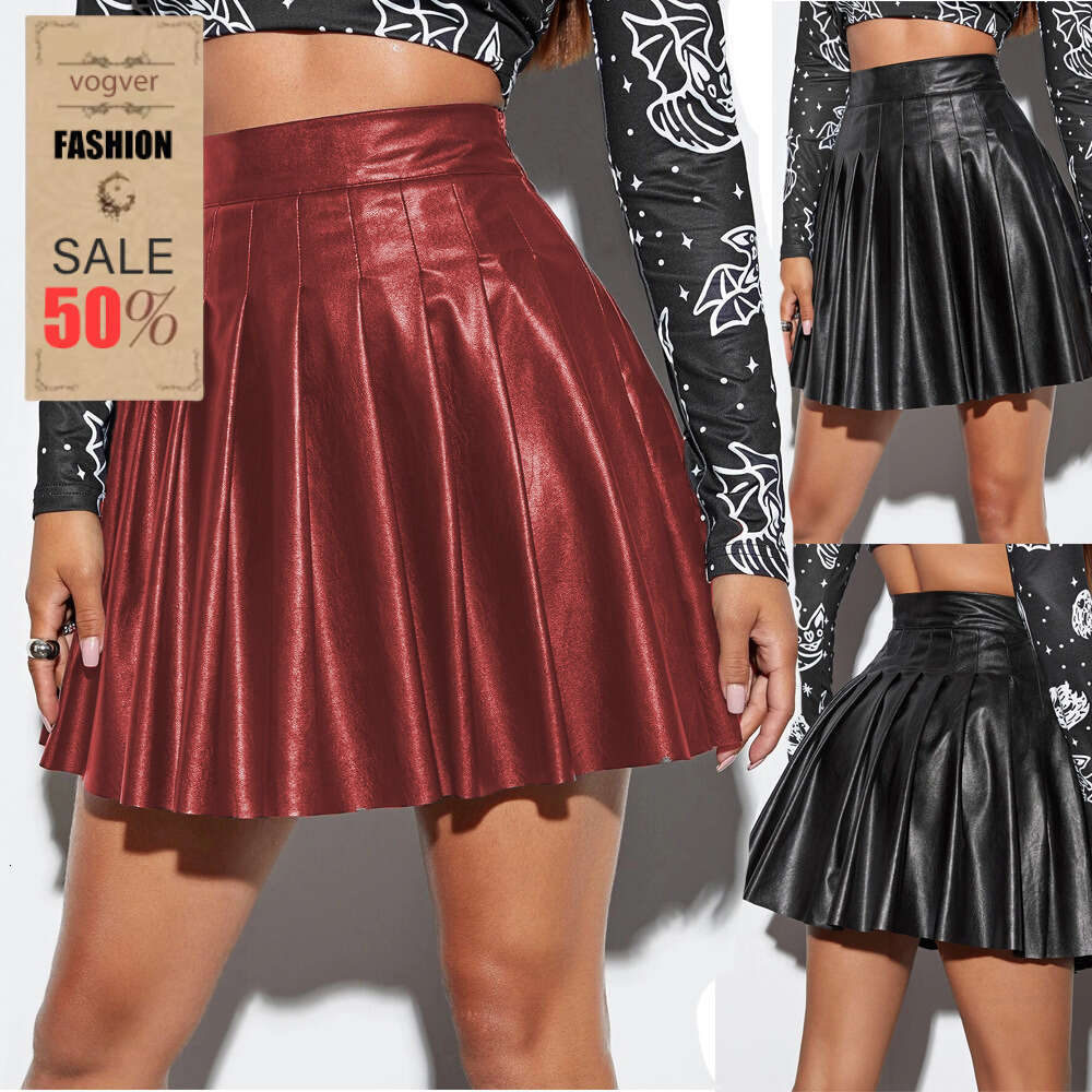 Women's Shiny Faux Leather Pleated Trendy Pleated Short Skirt Sexy Style Red Black Party