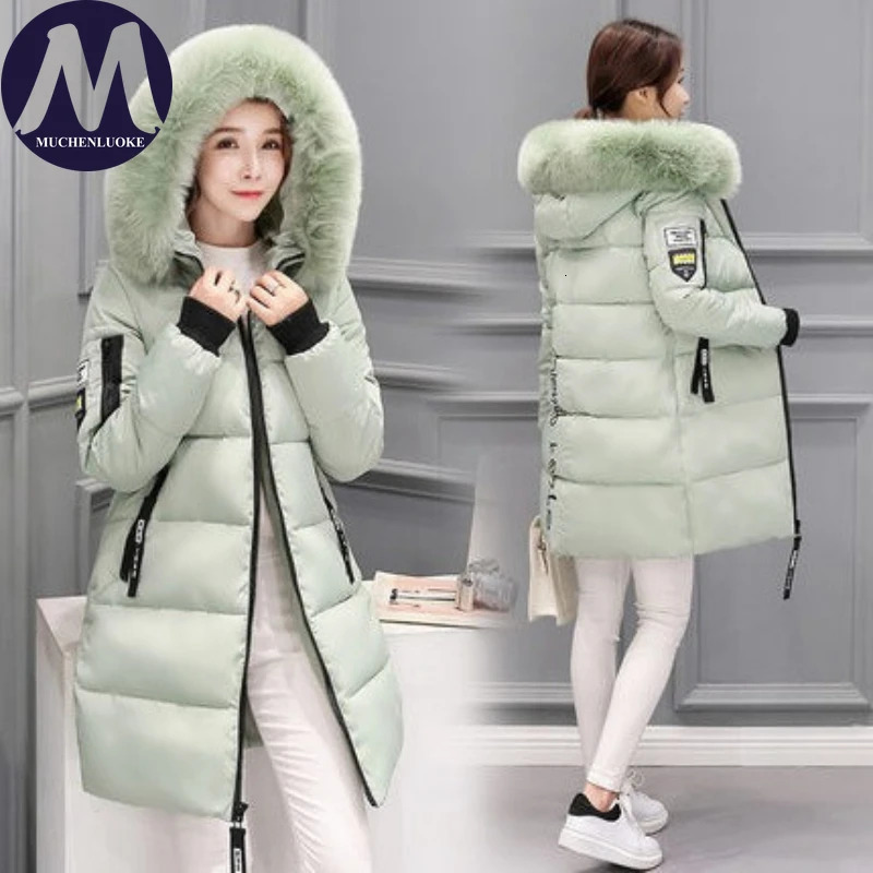 Elegant Winter Jacket for Women 2025 Hooded Fur Collar Thickened Warmth Korean Fashion Slim Fit Medium Length Parkas 251210