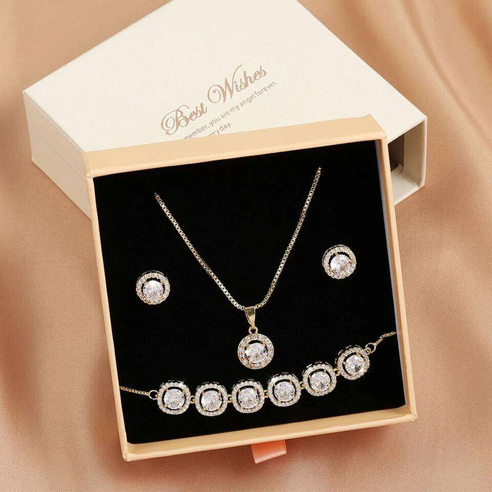 ZAKOL 3 Pcs Jewelry Set for Women Bridal Clear Round AAA Zircon Earrings Bracelet Necklace Sets With Gift Box