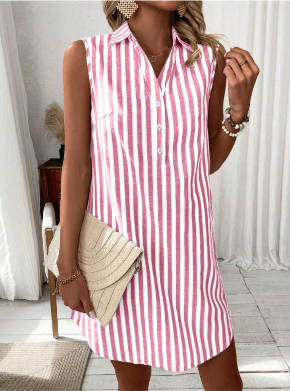 Dress for women Minimalist Sleeveless V-Neck Button Striped Shirt Dress, 2026 European and American Fashion Loose Casual Vacation Outfit