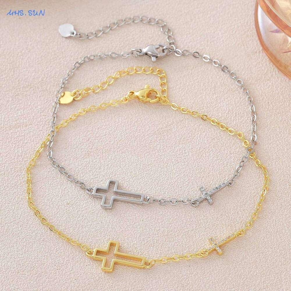 MHS.SUN 22K Gold Plated Cubic Zirconia Hollow Cross Chain Bracelets For Women Men Fashion Party Jewelry Gift New Designs 25H1229