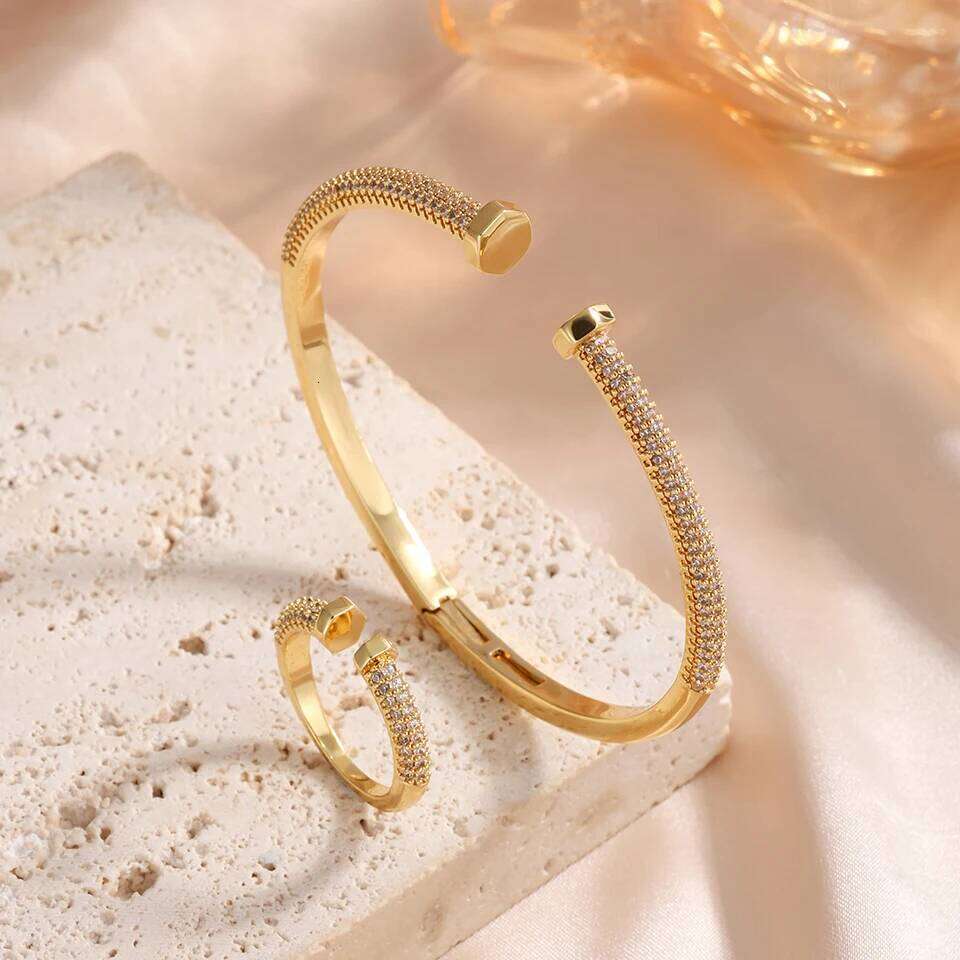 ZAKOL Shiny Micro Zircon Nail Head Adjustable Bracelet Ring Luxury Copper Metal 18K Gold Color Wedding Engagement Jewelry