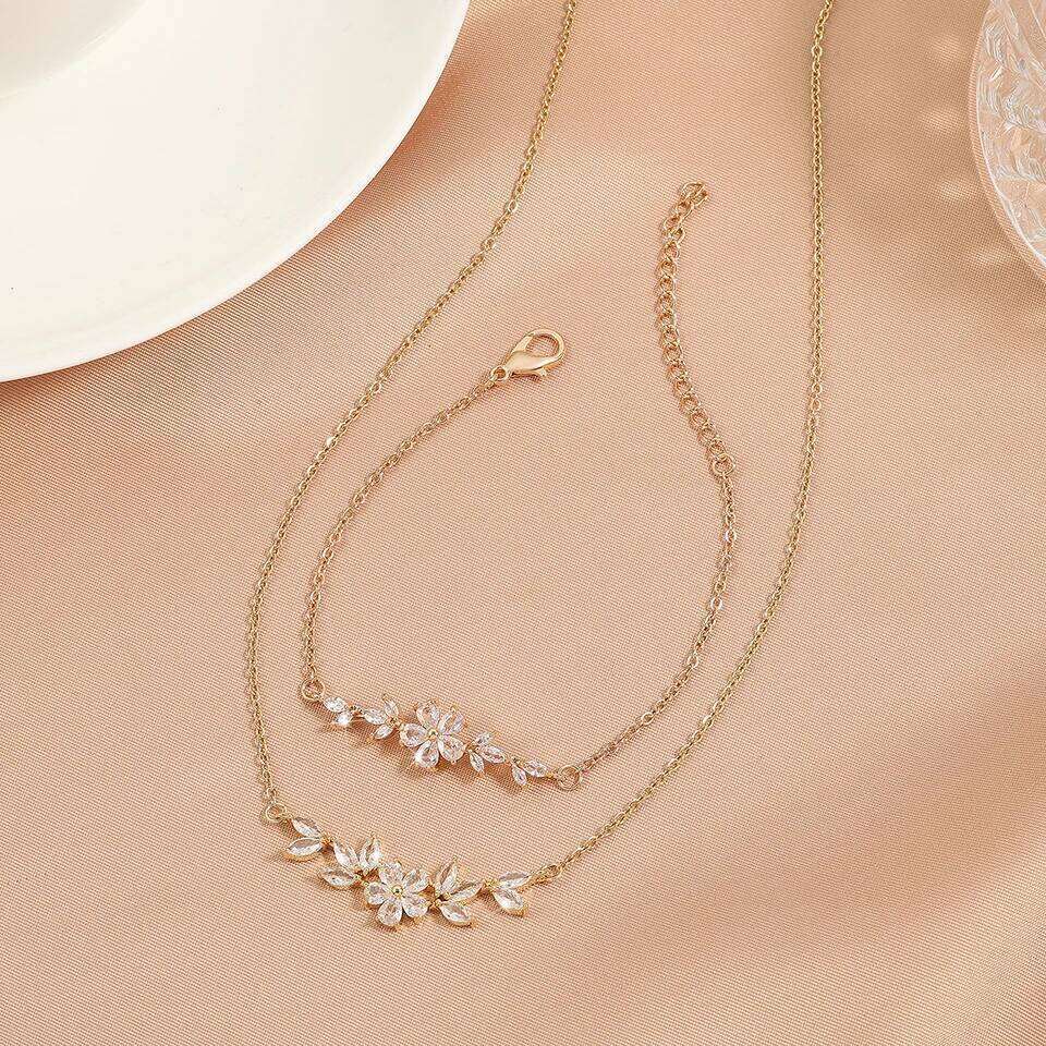 ZAKOL Elegant Shiny Zircon Leaf Flower Charm Bracelet Necklace Packing Box 3 Pcs Set Unique Jewelry Gifts for Women