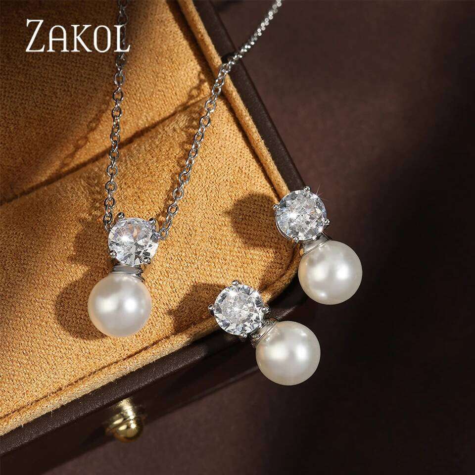 Trendy Round Imitation Pearl Stud Earrings Necklace Set for Women Simple Sliver Color Cubic Zircon Wedding Party Jewelry Sets
