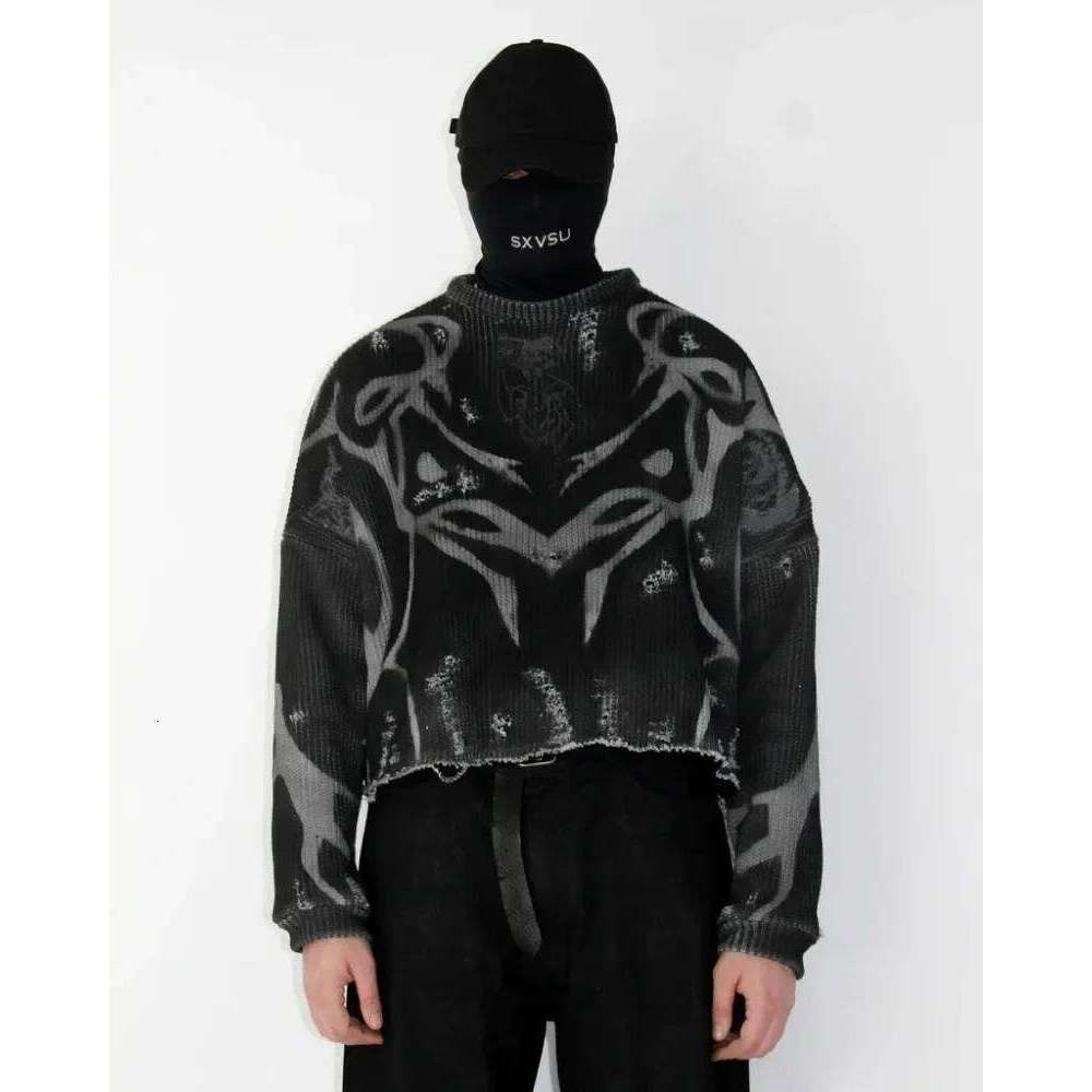 Black Gothic Print Pullover Long Sleeve Knitted Sweater Men and Women Y2k Harajuku Striped Tear High Street Punk Slim Sweaters