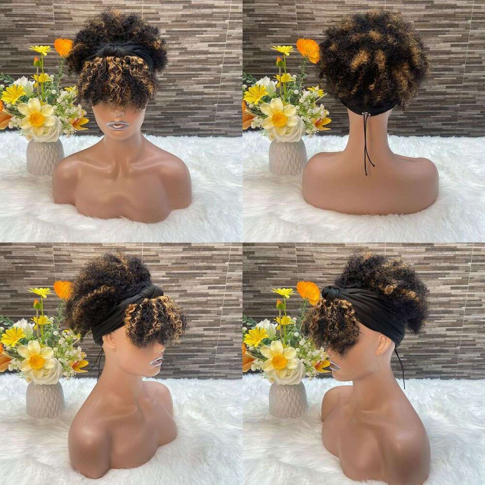 New African Ice Silk Hairband Colorful Fluffy Small Curl Afro Real Human Hair Wig Aimeier