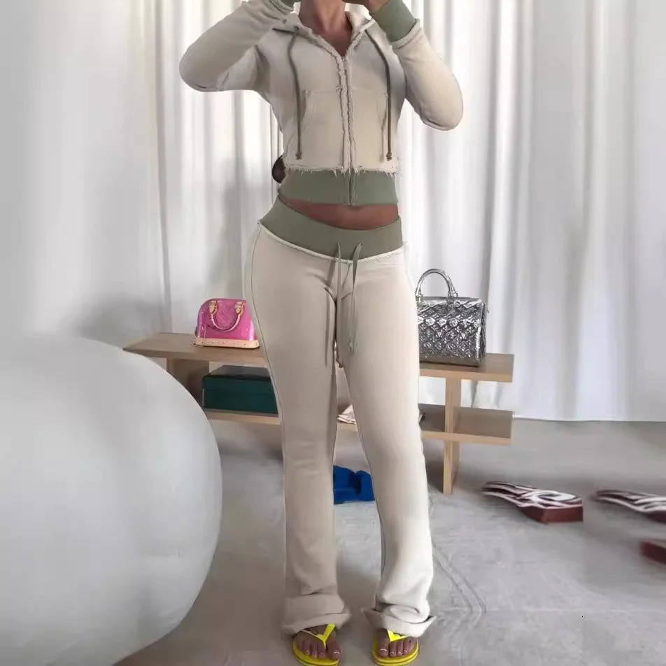 Womens Casual Suit with Brushed and Contrasting Straps Hooded Long Sleeved Cardigan Slightly Flared Long Pants 251224