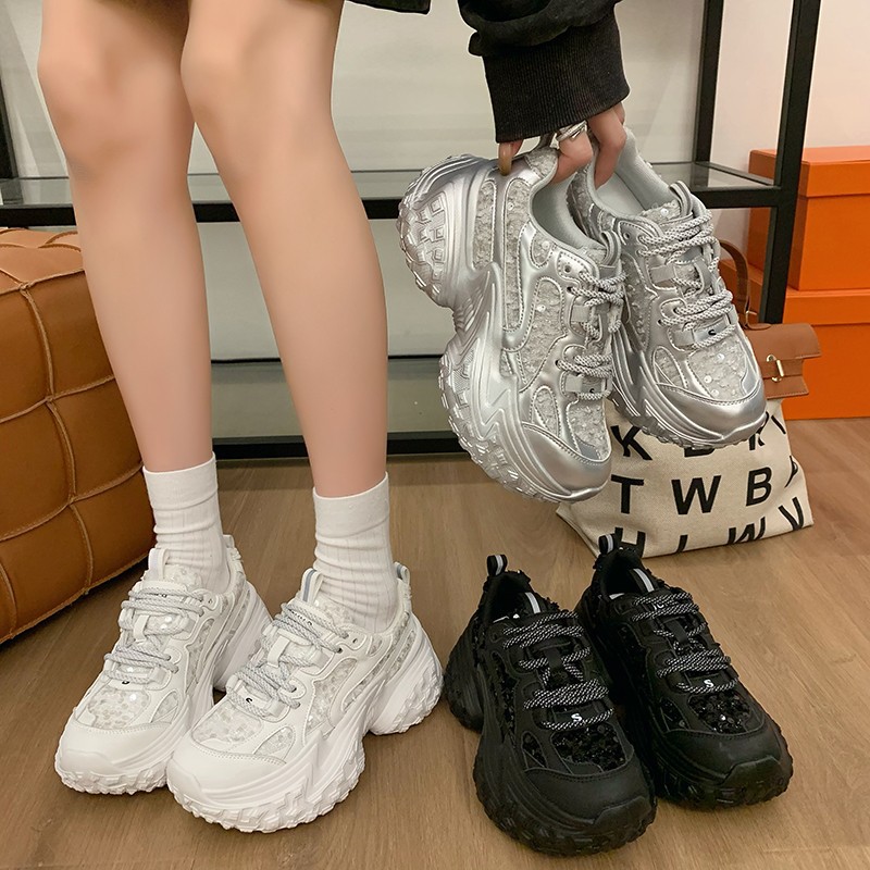 2026 Spring and Summer New Design Women Mesh Sequin Casual Shoes Tire Thick Sole Trendy Fashion Sports Shoes White Silver Black Free Shipping