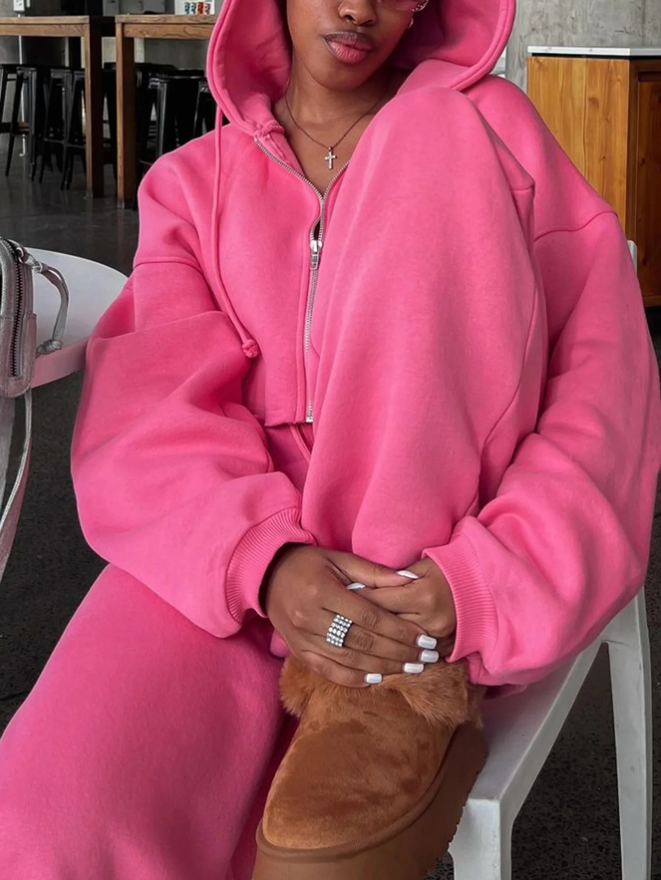 Women Hooded Zip-up Cropped Sweatshirt and Long Pants 2 Piece Sets 2025 Autumn Casual Hoodies Sweatpants Suit Tracksuits 251224