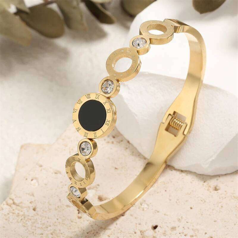 ZAKOL Fashion Black Shell Roman Numeral Titanium Steel Bangle Hollow Circle Button Bracelet Jewelry Gifts for Women