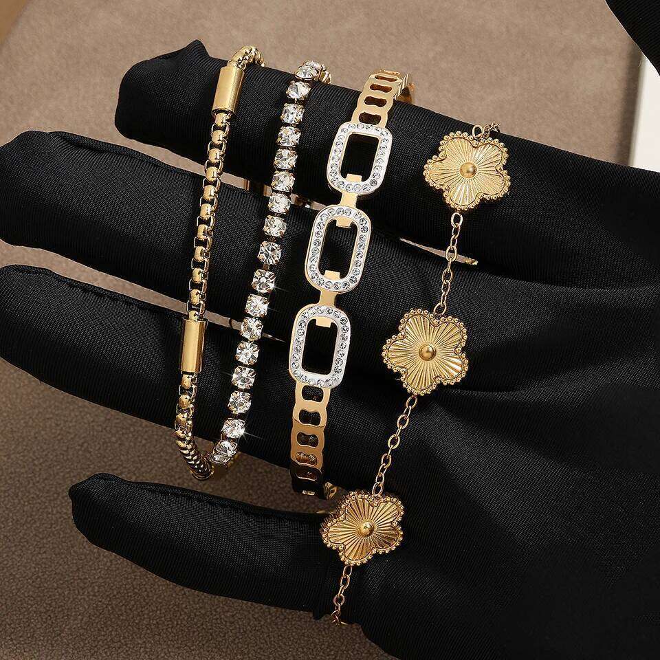 ZAKOL 3Pcs Gold Color Stainless Steel Stacked Bangles for Women Geometric Five-Leaf Flower Zircon inlaid Bracelet Gift