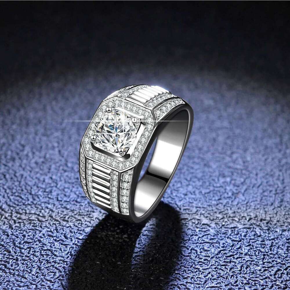 18K Gold Set Full 1-Ct Moissanite Ring, Simple and Elegant, Boss Men's PT950 Platinum Diamond Ring 3d6