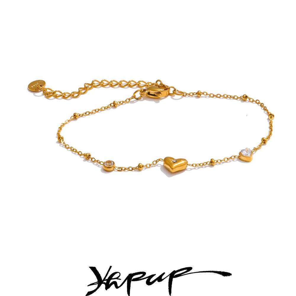 Yhpup Exquisite Stainless Steel Zircon Heart Love Chain Bracelet Bangle for Women Rust Proof Charm Wrist Jewelry Accessories 25H1229