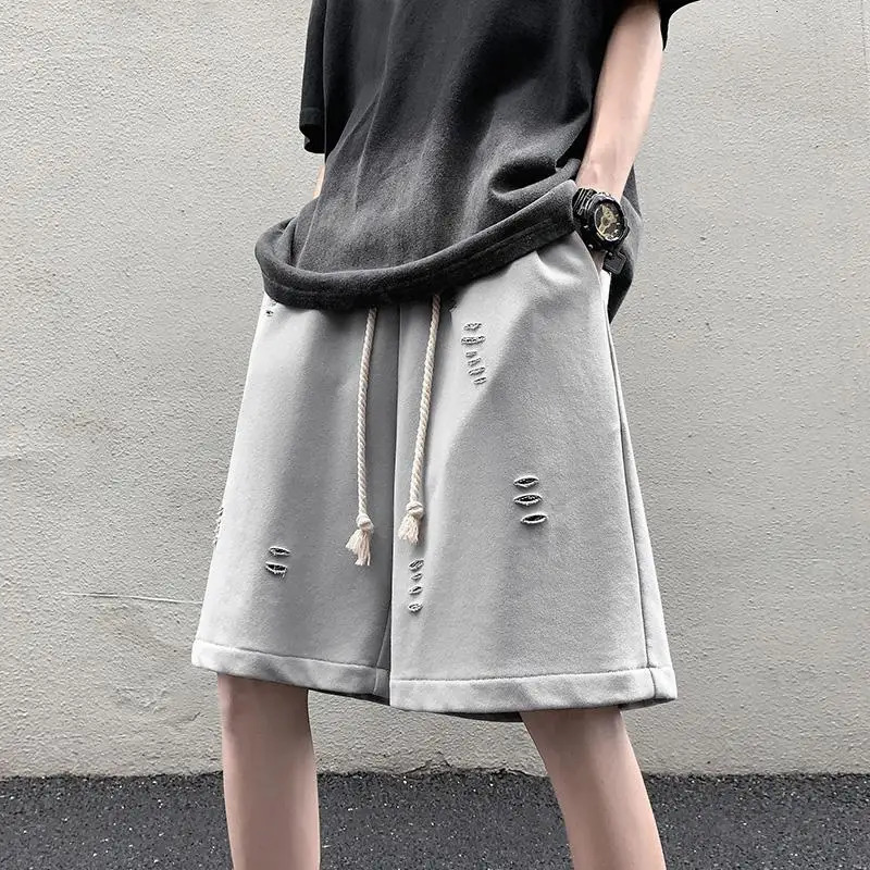 High Street Ripped Men Summer Retro Sports Cropped Pants 251223