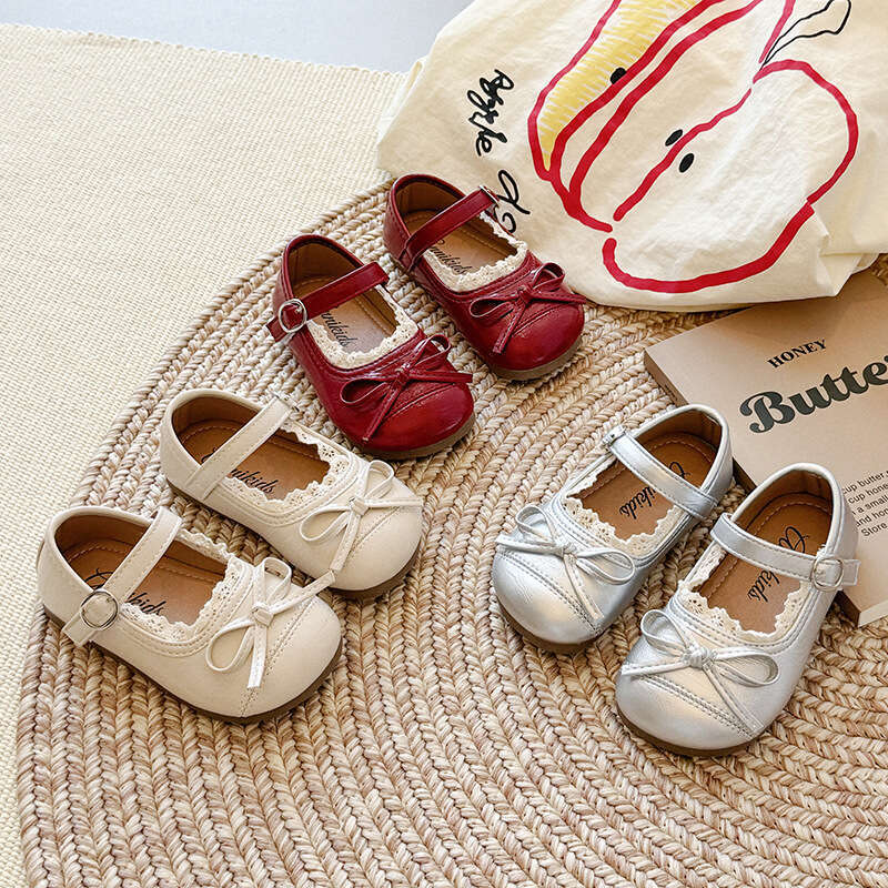 2025 Spring and Autumn New Korean Style Girls' Lace Edge Little Leather Shoes with Bow Princess Soft Sole Mary Jane Flats
