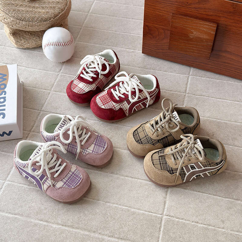 INS Retro German Training 2025 Spring and Autumn New Korean Style Girls' Plaid Forrest Gump Shoes Boys' Soft Sole Sneakers