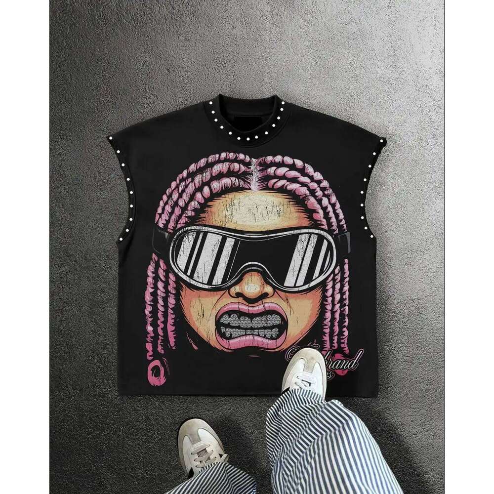 Y2K Popular Willow Nail Round Neck Vest Retro Punk Hip Hop Oversized Printed Pure Tops Classic Loose Sleeveless T Shirt