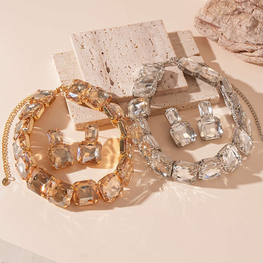 2-Piece Set Personality Exaggerated Diamond-Studded Square Stud Earrings European and American Light Luxury Niche Temperament High-End Necklace for Wo