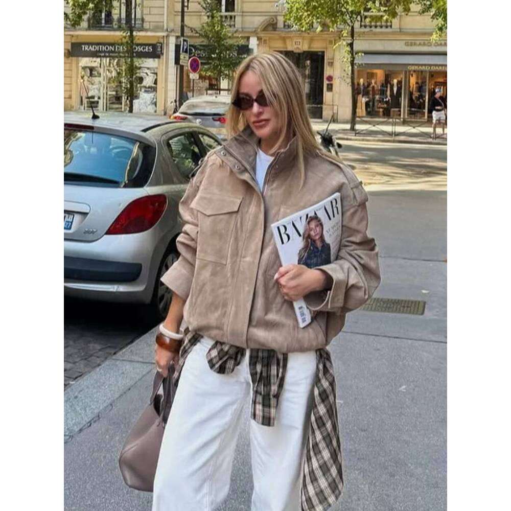 Brown Oversized Suede Women Fashion Long Sleeve Pockets Zipper Loose Bomber Jacket 2025 Winter Lady High Street Outwear