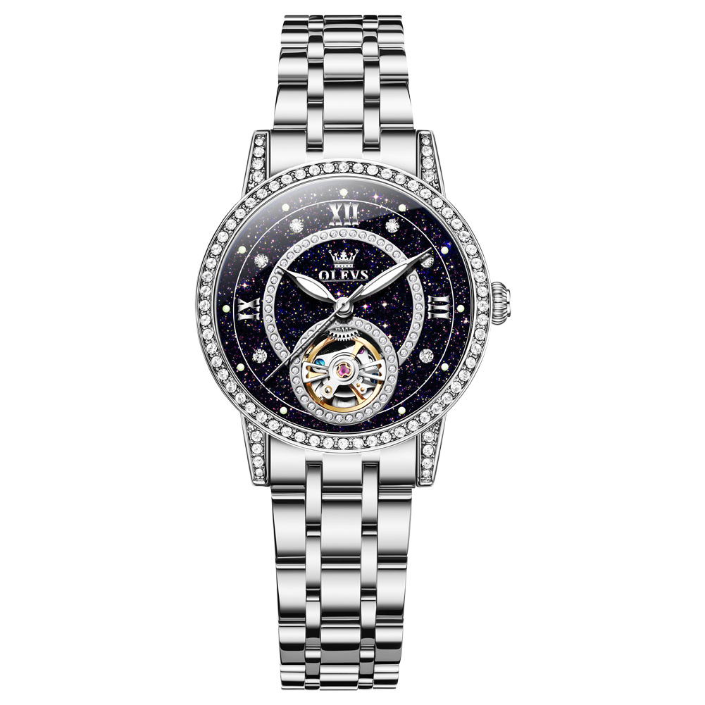 OLEVS High end new women's watch, niche personality, diamond inlaid fully automatic mechanical women's watch, waterproof hollow watch
