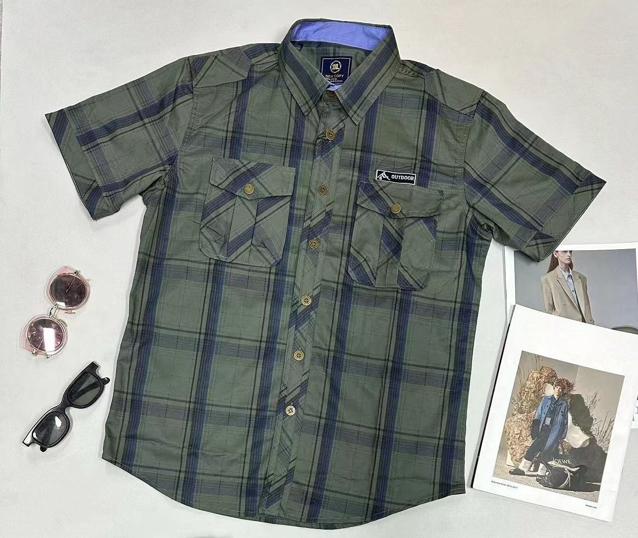 Men's Plaid Short-Sleeve Shirt - 100% Cotton, Multi-Color Options, Button-Front Design with Chest Pockets, Casual Outdoor Style for Daily Wear - 