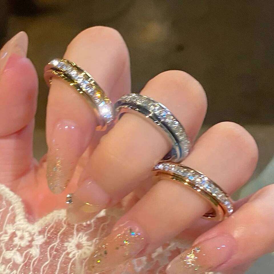 ZAKOL Single Row Square Zircon Rotating Ring for Women Shiny Crystal CZ Starry Couple Rings Aesthetic Creative Jewelry Gift