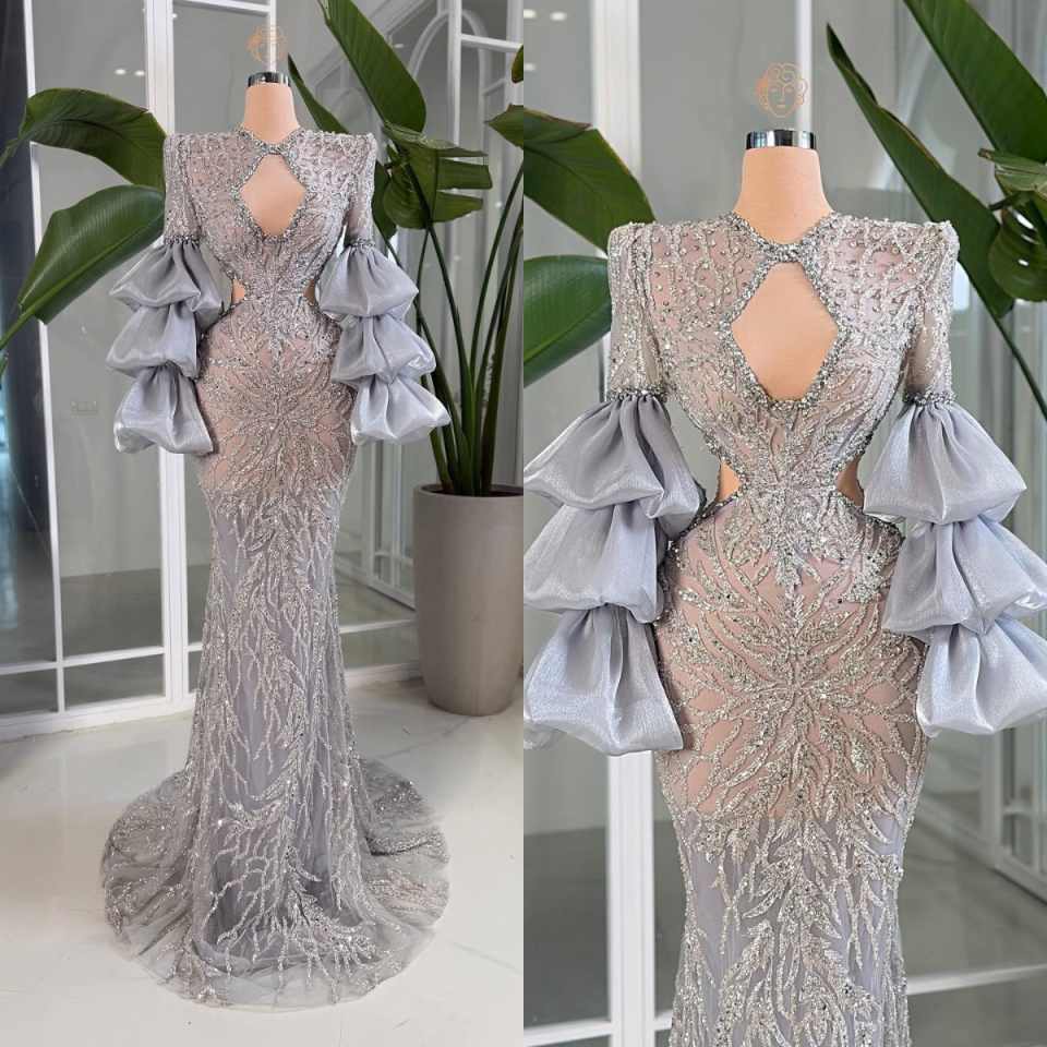 Silver Beading Cocktail Prom Dresses Elegant Puffy Long Sleeves Mermaid Evening Dresses Party Gown Robes De Customized