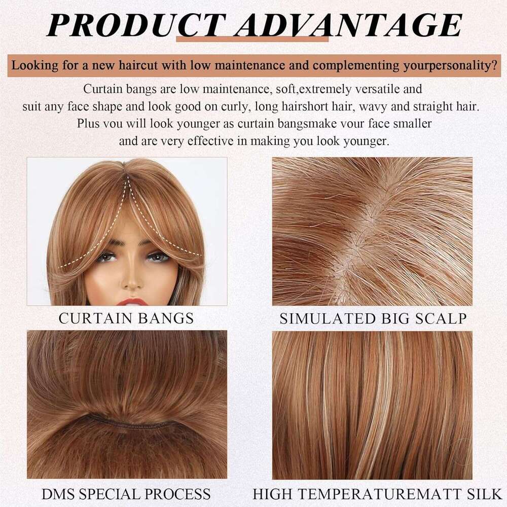 Women's Long Curly Hair Synthetic Medium-Length Brown Fluffy Multi-Layer Wig Xiusiyuan