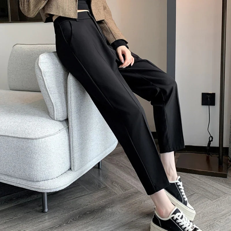 Womens High-Waisted Suit Pants Spring Summer Solid Button Casual Loose Ankle-Length Khaki Workwear Trousers Women 251219