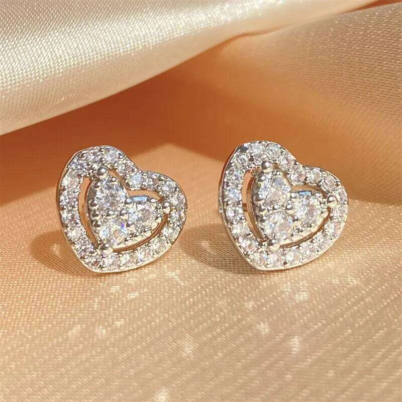 ZAKOL Loving Heart Zirconia Stud Earrings For Women Girls Silver Color Metal Crystal Ears Accessories Wedding Jewelry Gifts