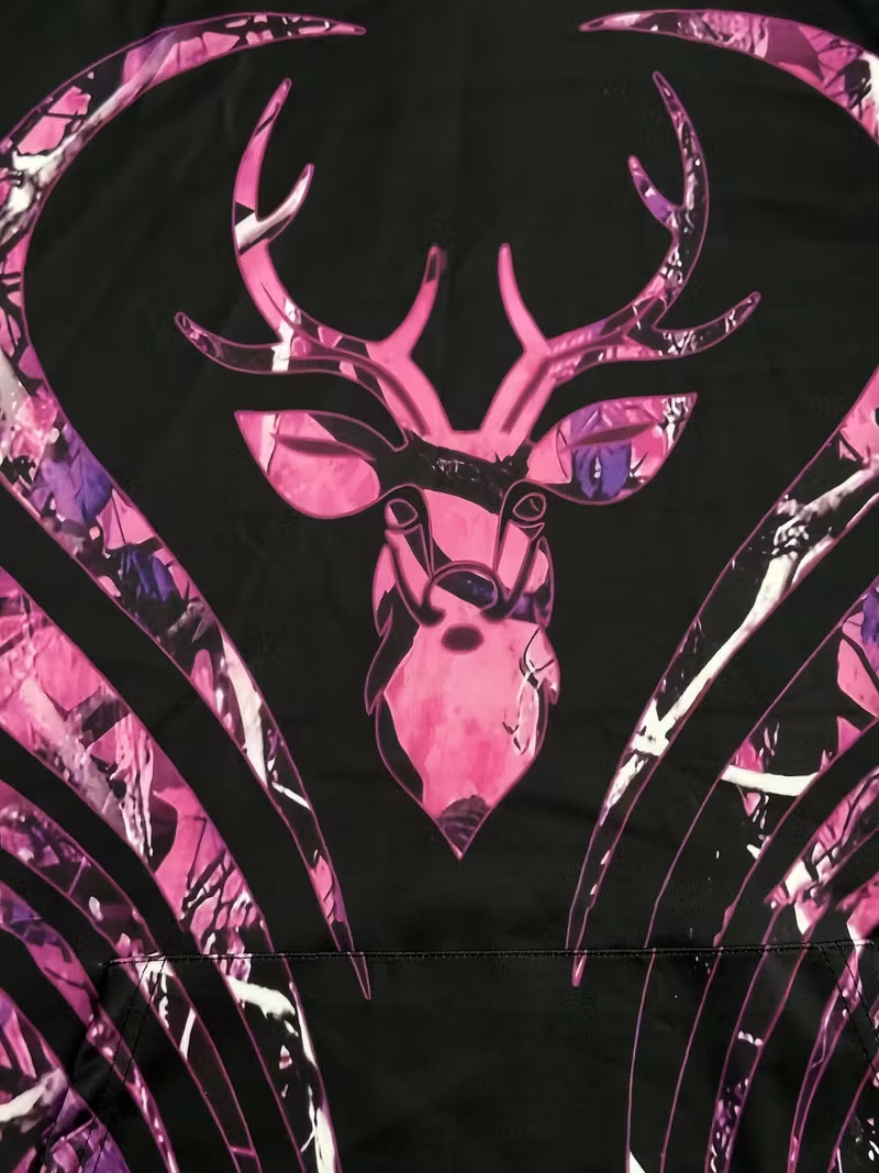 Trendy Men's Hoodie with Pink & Black Camouflage Heart Deer Print Stylish Oversized Pullover Casual Hooded Sweatshirt