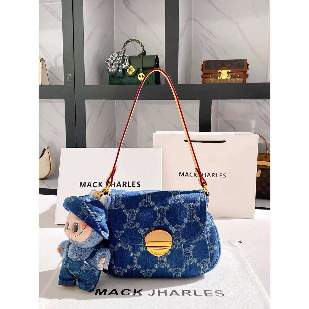 MACK JHARLES Vintage Niche Denim Baguette 2025 Autumn New High-end Embroidered Underarm Bag