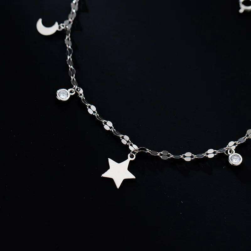 WANTME 925 Sterling Silver Luxury Shiny Zircon Star Moon Romantic Chain Anklet For Women Simple Fashion Korean Charm Jewelry