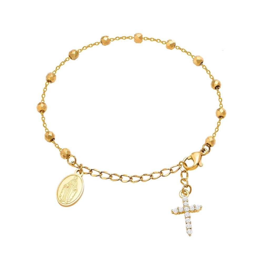 Charm Cubic Zirconia Cross Rosary Bracelet for Women, Stainless Steel Mary Adjustable Link, Religious Jewelry Gift 25H1229