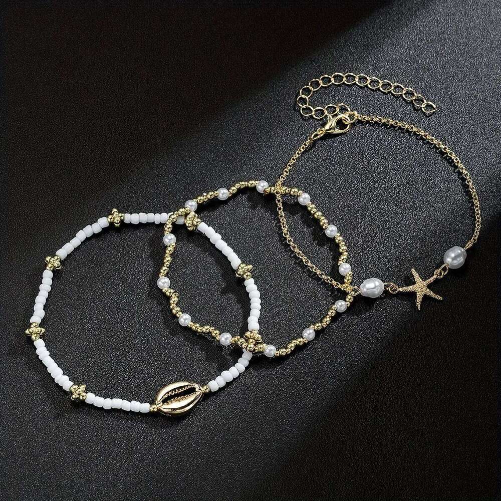 Women's Bohemian Style Beach Vacation Ankle Chains Three-Layer Foot Accessories With Rice Pearls Seashells And Starfish