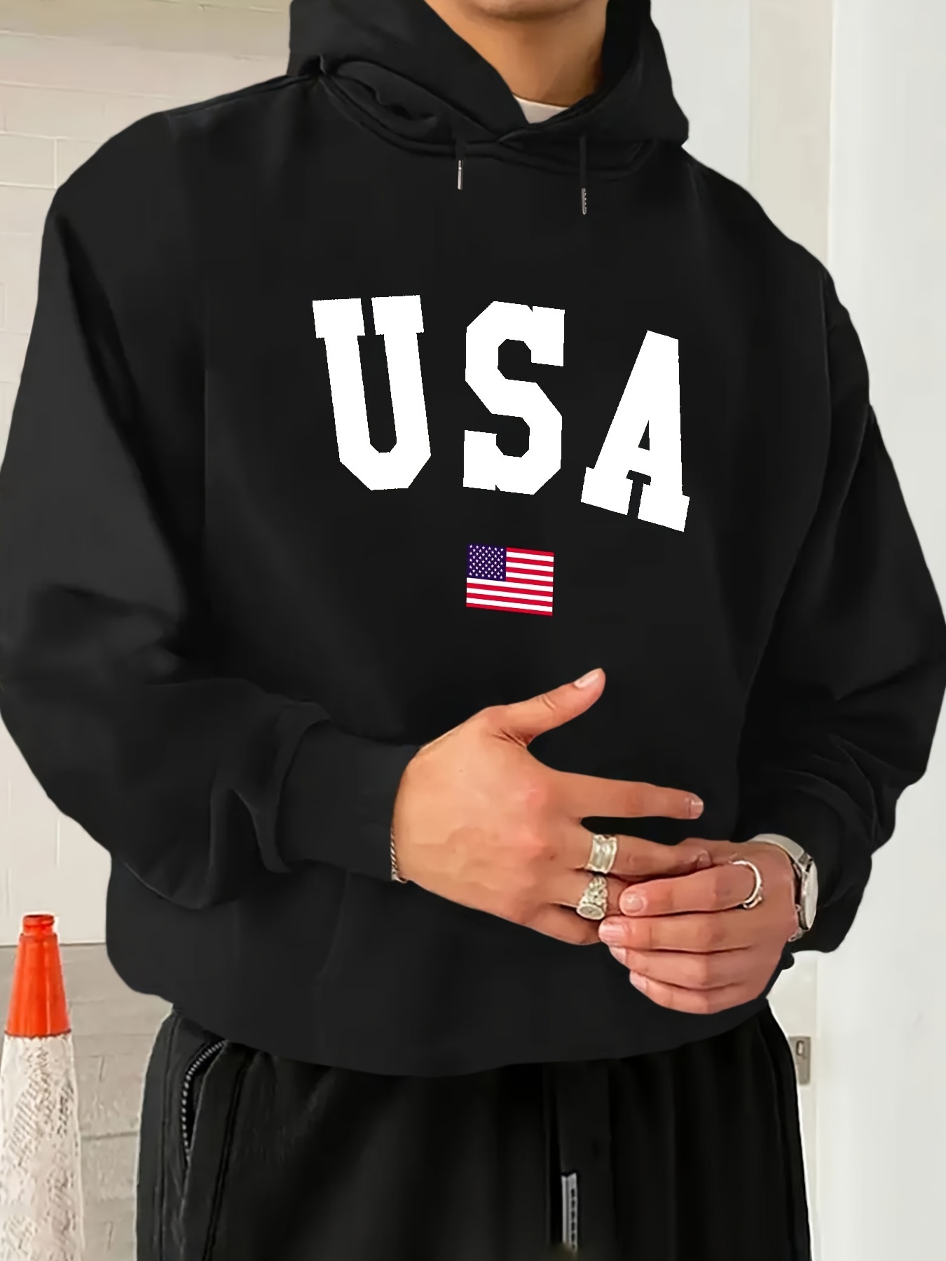Men'S Casual Polyester Hoodie USA Flag Print, Long Sleeve Pullover Sweatshirt with Pockets, Regular Fit, Slight Stretch, 220gsm Knit Fabric, Mach
